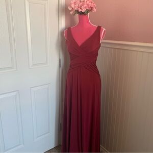 Red Stretchy Nylon Formal Gown with Gathered Waist, roughly size M